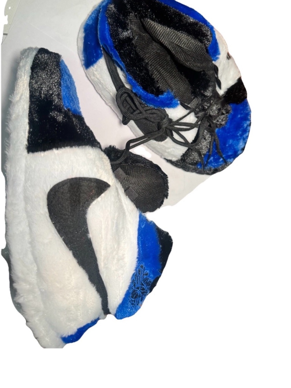 Fuzzy Logo Slip-On Slippers in White, Black & Royal Blue size. 5.5-12.5